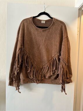 Fringe Pullover Sweatshirt - Brown